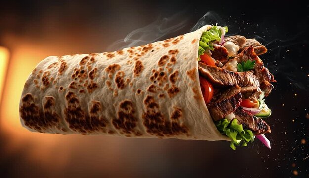 fresh grilled beef turkish or chicken arabic shawarma doner sandwich with flying ingredients and spices hot