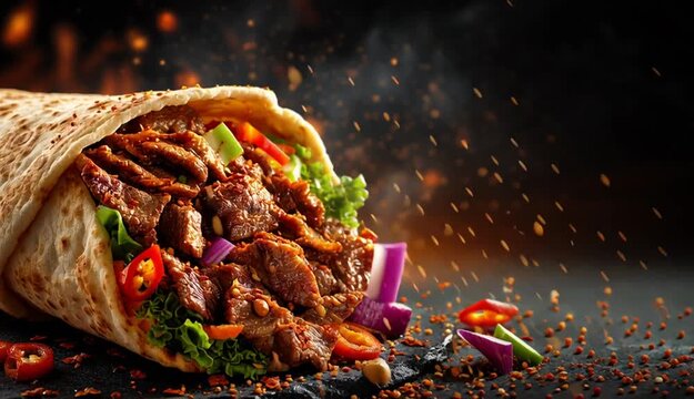 fresh grilled beef turkish or chicken arabic shawarma doner sandwich with flying ingredients and spices hot