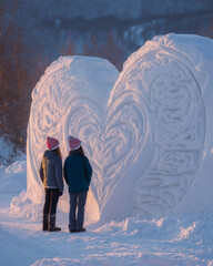 Couple admiring large heart they carved in deep snow, wearing festive Santa hats, intricate heart design with decorative patterns inside, surrounded by snowy landscape, proud expressions