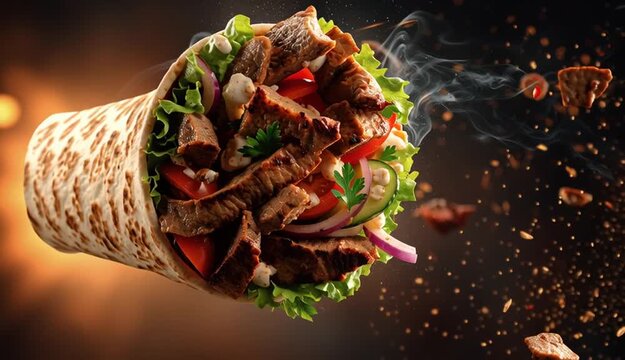 fresh grilled beef turkish or chicken arabic shawarma doner sandwich with flying ingredients and spices hot