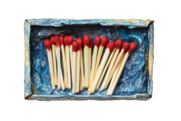 Box of matches with red tips isolated on transparent background. Open matchbox with matches isolated on white background.