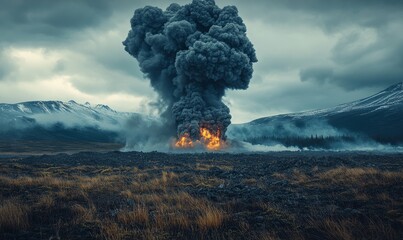 Pollution, explosion, and smoke from a fire illustrating environmental destruction and climate change. A powerful image focusing on the dangers of global warming hazardous events, Generative AI