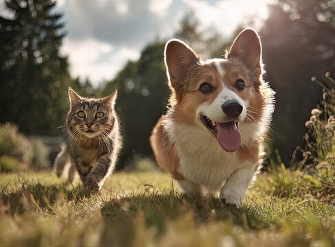 Happy corgi and tabby cat run together through sunny grass outdoors