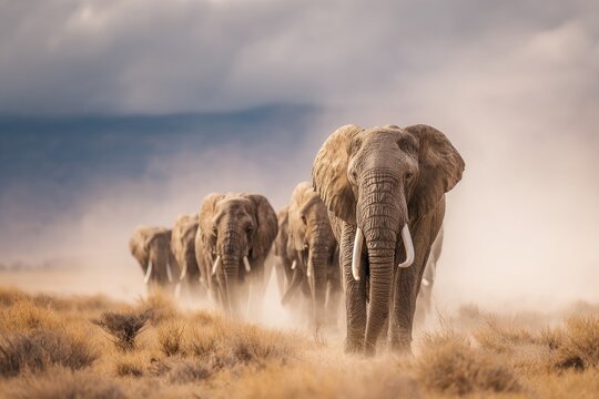 A herd of large African mammals walks through a dusty, dry savanna landscape - Powered by Adobe