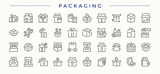 Packaging icon set. Coupon collection of simple line web icons. Minimalist icons pack. Gifts icon set. Editable vector art.