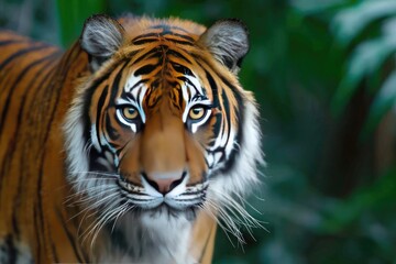 Obraz premium Stunning close-up of an alert tiger's head and shoulders, looking directly at viewer