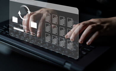 File synchronization or loading interface with progress bar, folders, and documents, symbolizing data backup, transfer, and system update Parse