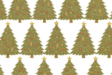 Fototapeta premium Christmas tree festive holiday pattern with gingerbread men, candy canes, and stars, transparent background