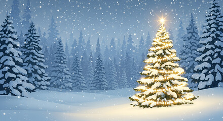Obraz premium Christmas and winter holiday marketing background, with winter and christmas tree themes, christmas ornaments and presents, snowy vibes.