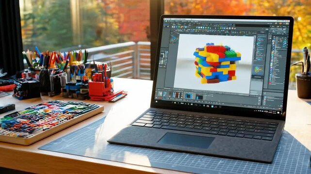Laptop displays digital design software, showcasing a building block cube. Creative workspace with natural light.