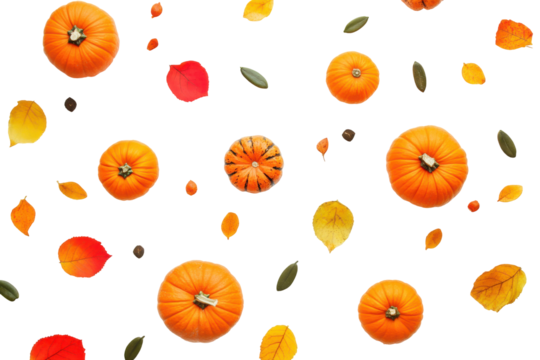 Small pumpkins and autumn leaves falling isolated on transparent background. Pumpkin on white background.