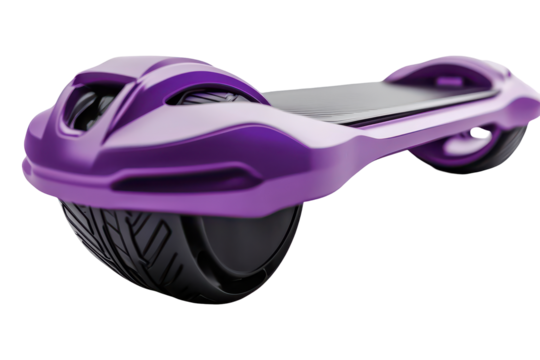 Shiny purple hoverboard isolated on transparent background. Close up of dual wheel self balancing electric skateboard isolated on white background, 3d rendering.