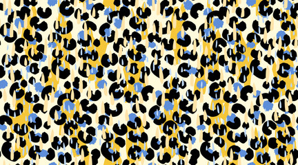 Exotic abstract summer pattern. Vector bold yellow shapes, blue raindrop elements, and hand drawn animal spots. Modern, playful design for textiles, wrapping, digital backgrounds