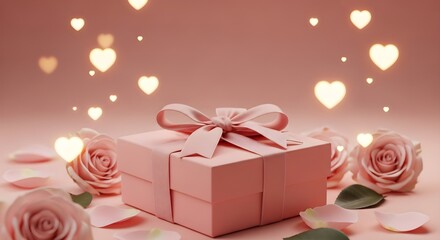 Pink Gift Box Surrounded by Roses, Petals, and Glowing Heart Bokeh on a Soft Monochromatic Background, Perfect for Valentine's Day and Romance