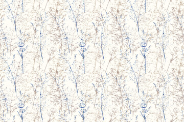 Elegant seamless vector pattern with delicate sketch floral stems and wild grass silhouettes in beige and blue tones. Natural botanical design for fabric, wallpaper, and decor