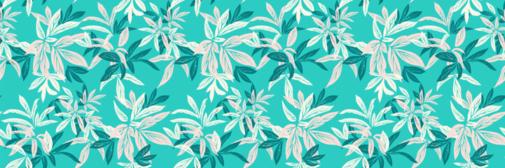 Fototapeta premium Seamless tropical leaf pattern with hand drawn style foliage in soft pink and dark teal on a turquoise background. Perfect for summer textiles, wallpapers, packaging, and surface design.