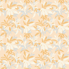Obraz premium Seamless vector pattern with tropical leaves in shades of muted yellow and soft blue on a light beige background. Nature ornament for fabric, wallpaper, packaging, prints