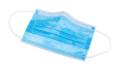 Blue surgical mask with ear loops, angled on white background, showing layered material and seam details