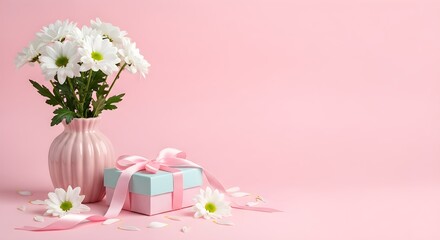 Soft Pastel Gift Box with Blue and Pink Ribbon Next to White Chrysanthemum Bouquet in Pink Vase on Monochromatic Background