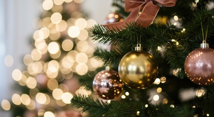 Close-up of Christmas tree branches decorated with golden ornaments and warm festive bokeh lights.