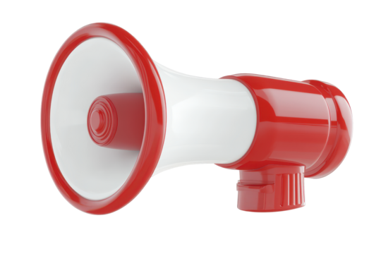 Red and white megaphone isolated on transparent background. Red and white megaphone isolated on white background, 3d rendering.