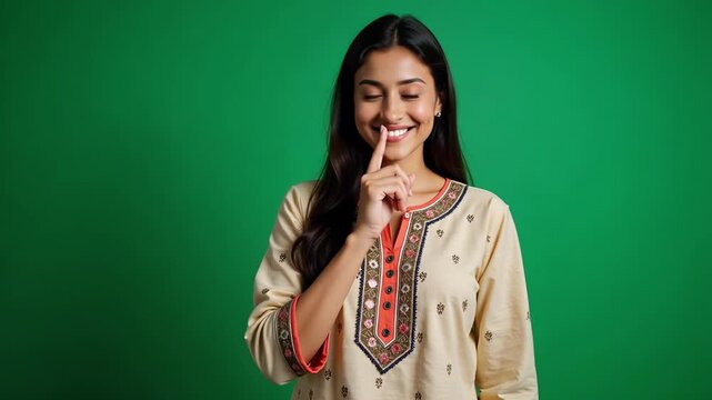 Young Indian woman asking for silence, a modern take on quiet and discretion, ideal for mindfulness and focus content in vibrant 4K video