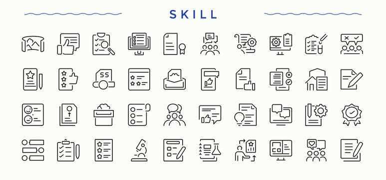 Set of Skill line icon. Pack of ability, intelligence, creativity, talent and more. Icons for UI design. Communication icon set. Signs for web and mobile app.