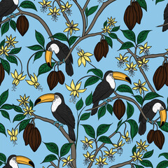 Obraz premium Toucans on cocoa branches vector seamless pattern. Exotic birds and chocolate fruits hand drawn endless print for fabric and wallpaper in sketch style. Retro background toile de jouy. 