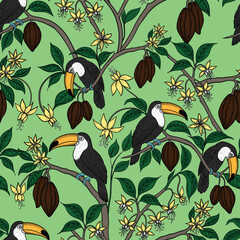 Naklejka premium Toucans on cocoa branches vector seamless pattern. Exotic birds and chocolate fruits hand drawn endless print for fabric and wallpaper in sketch style. Retro background toile de jouy. 