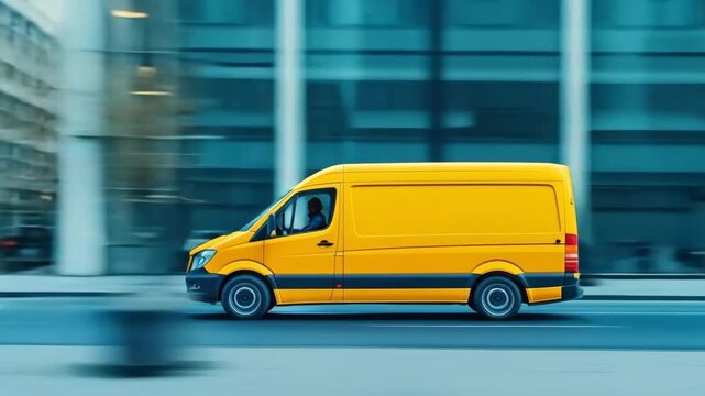 Yellow delivery van moves through busy city streets in daytime