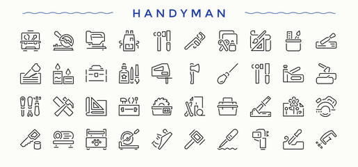 Carpentry icon set. Carpenter perfect for logos and infographic. Outline icons in linear style. Wood Craft line icon set. Editable stroke collections.