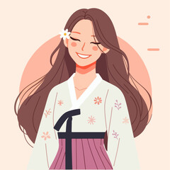 flat illustration of a woman wearing traditional Korean clothes