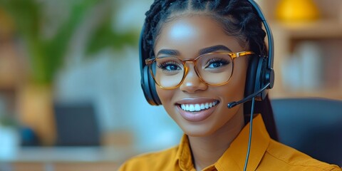 Telemarketing professional with a headset in an office, representing customer service and support. A confident call center agent delivering assistance with a smile, Generative AI