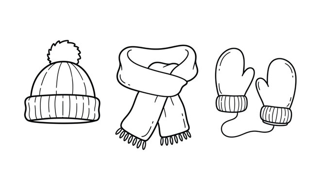 Hand drawn winter hat scarf and mittens sketch for cozy cold weather season vector