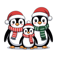 Vector cute penguins (mother, son, and father),
Christmas vibes, cut out on white background