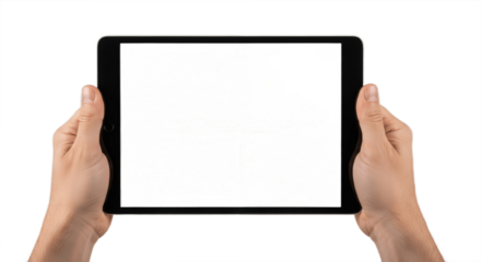 adult man hands holding generic tablet pc with white screen, isolated on white,,Hand holding a tablet computer with white screen. Woman hands showing empty screen of modern digital tablet.