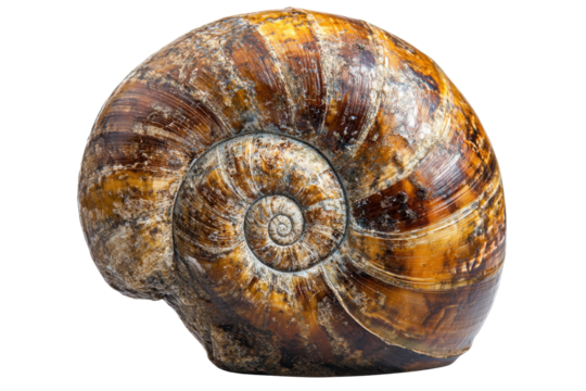 Detailed close up of a large seashell isolated on transparent background. River snail isolated on white background.