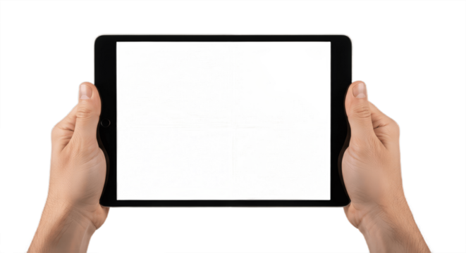 adult man hands holding generic tablet pc with white screen, isolated on white,,Hand holding a tablet computer with white screen. Woman hands showing empty screen of modern digital tablet. - Powered by Adobe