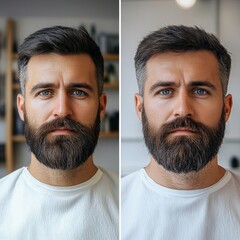 Portrait of a man with facial hair, showing grooming and beard care at a barbershop. A before-and-after transformation in facial hair treatment and skincare, Generative AI