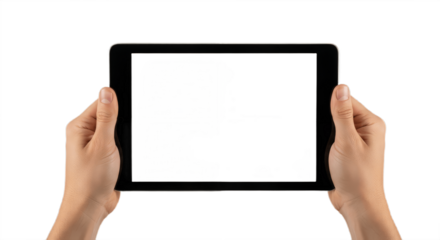 adult man hands holding generic tablet pc with white screen, isolated on white,,Hand holding a tablet computer with white screen. Woman hands showing empty screen of modern digital tablet.
