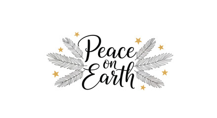 Elegant "peace on earth" typography with delicate floral and leafy embellishments in black and white vector