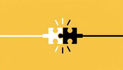 Dynamic connection achieved as white and black puzzle pieces snap together, symbolizing synergy and innovative problem solving in a bright, modern business concept.