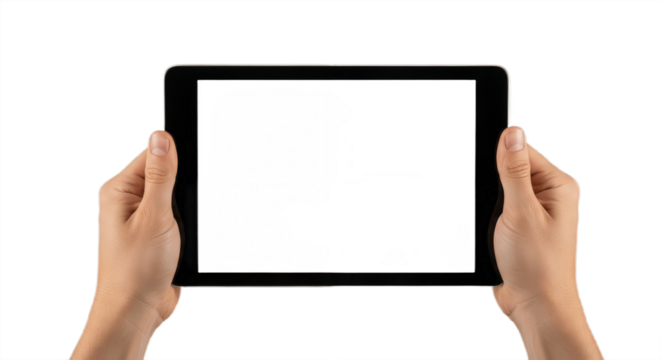 adult man hands holding generic tablet pc with white screen, isolated on white,,Hand holding a tablet computer with white screen. Woman hands showing empty screen of modern digital tablet.