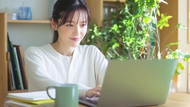パソコンで作業する若い女性。在宅ワーク。（AI_011-D）