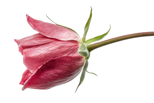 Close up of a red rose bud with water droplets isolated on transparent background. Red rose isolated on white background.