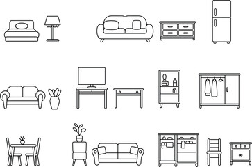 Furniture line art illustration set, household interior sketch, sofa bed wardrobe table lamp plant drawing, home decor design elementsFurniture line art