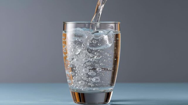 Water pouring into a clear glass, creating bubbles and ripples, showcasing the dynamic flow of liquid, with a smooth camera zoom in emphasizing the refreshing scene and fluid motion