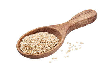 Wooden spoon filled with sesame seeds isolated on transparent background. Sesame seeds isolated on white background.