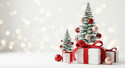Christmas background with white gift boxes, red ribbons, miniature trees, and golden bokeh lights with copy space.