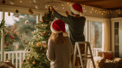 Couple decorating Christmas tree together, wearing Santa hats, on ladder reaching for top, ornaments floating mid-air, playful moment, warm home interior, lifestyle photography, natural candid